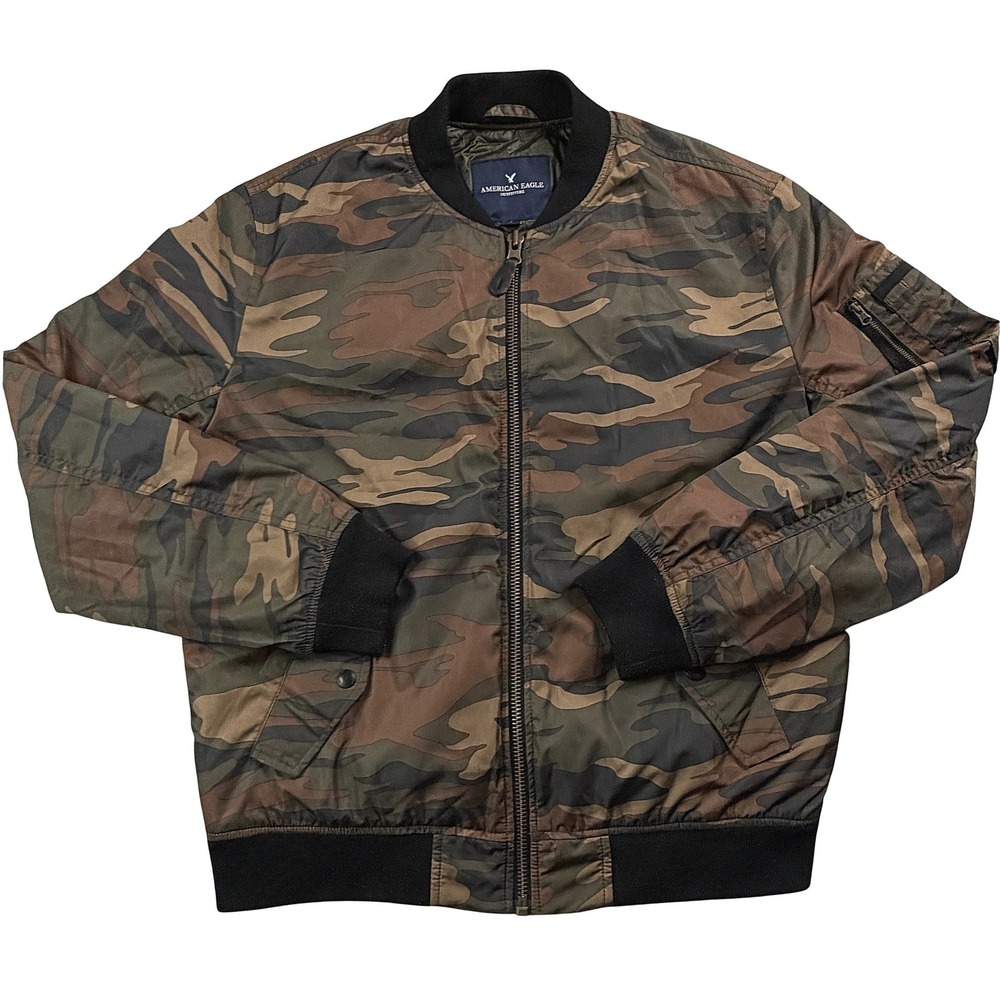 American Eagle Outfitters Mens Camo Bomber Jacket Full Zip Quilted Green Brown M